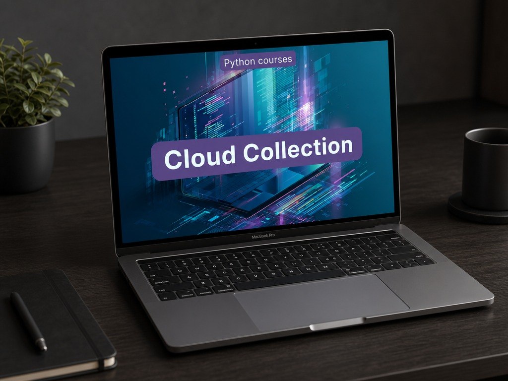 Laptop on a desk with a screen displaying 'Cloud Collection' and 'Python courses'.