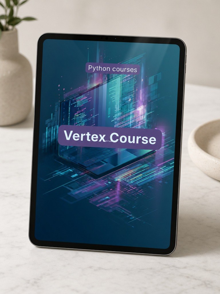 Tablet displaying a Python courses app with a blue and purple interface on a light surface.