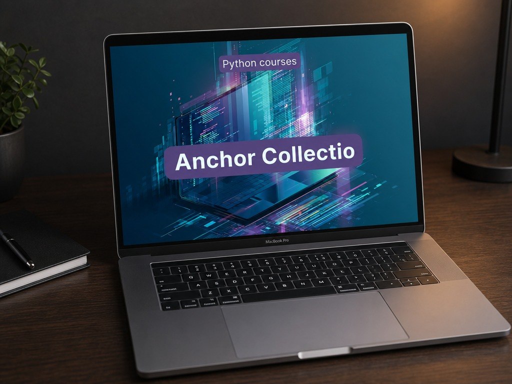 Laptop on a desk with 'Anchor Collective' Python courses displayed on the screen