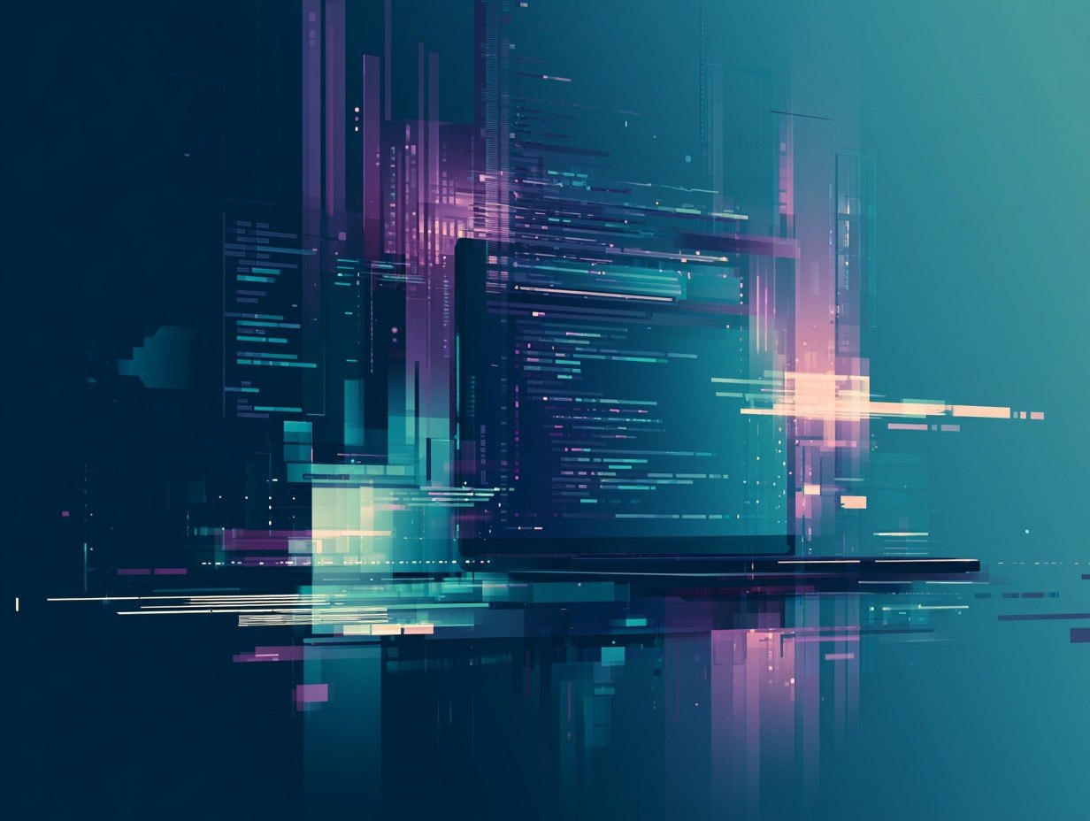 Abstract digital art with futuristic cityscape and glowing lines