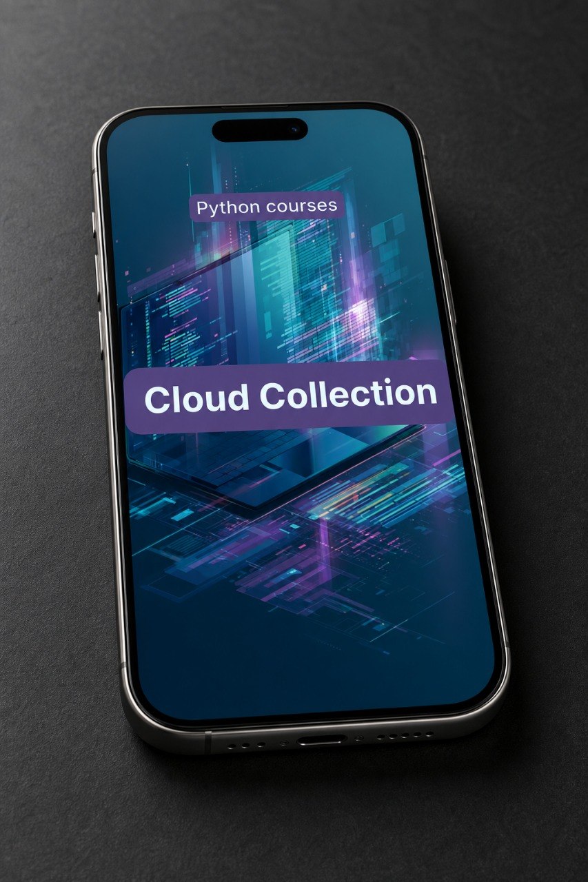 Phone displaying 'Python courses' and 'Cloud Collection' on a dark background