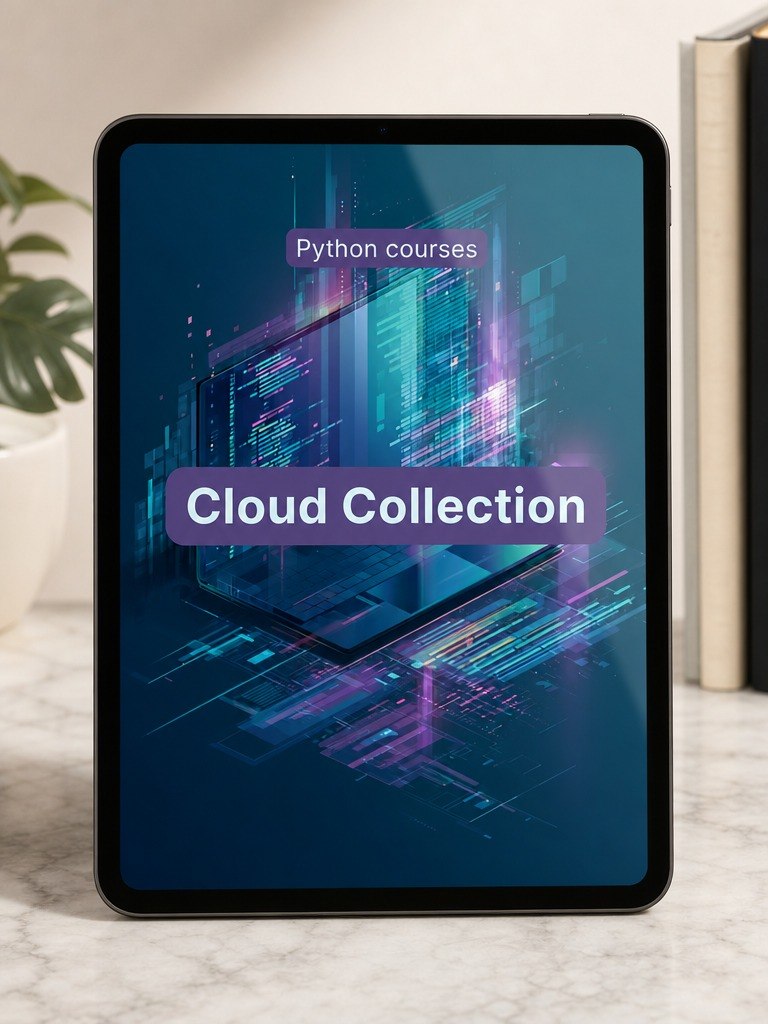 Tablet displaying a digital interface with 'Python courses Cloud Collection' text on a blurred background.