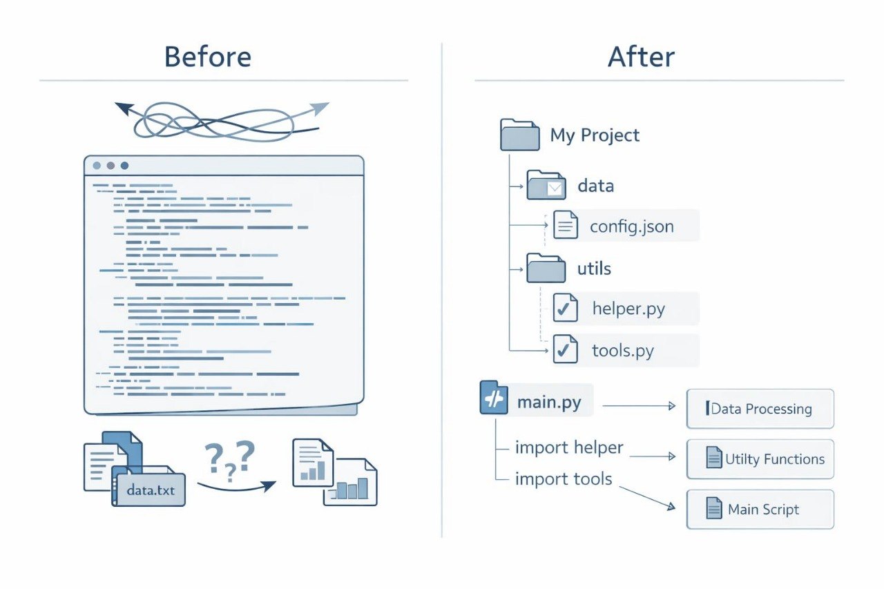 Comparison of code structure before and after refactoring into a project directory layout.