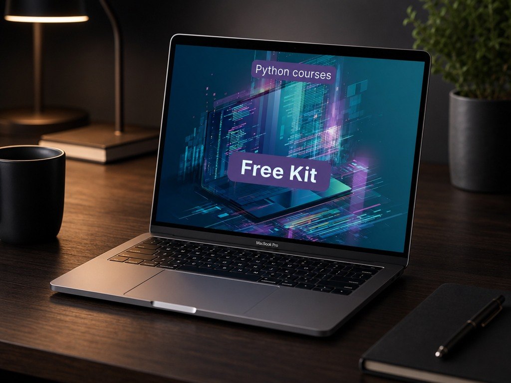 Laptop on a desk with a Python courses free kit displayed on the screen