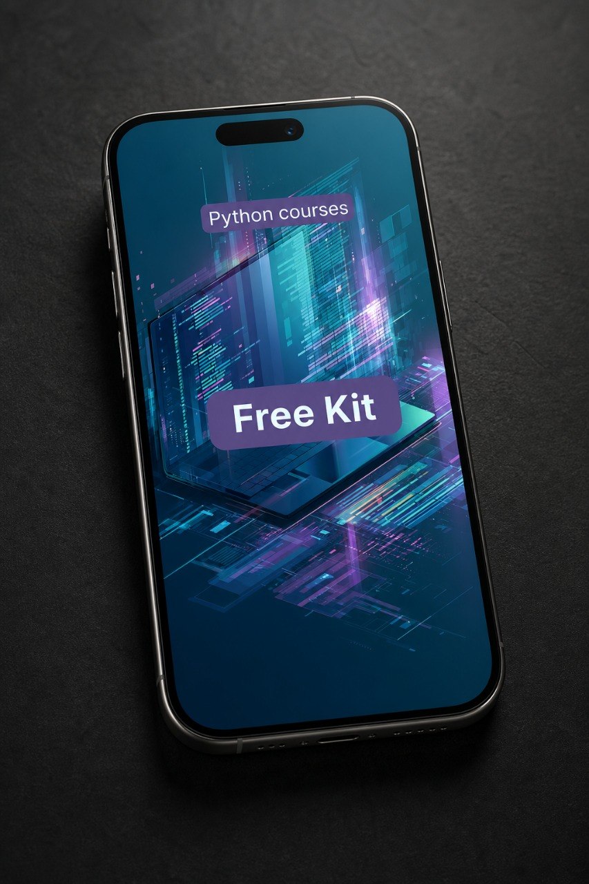 Phone displaying 'Python courses' and 'Free Kit' on a dark background