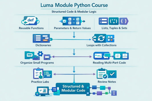 Luma Module Python Course flowchart with various programming concepts.