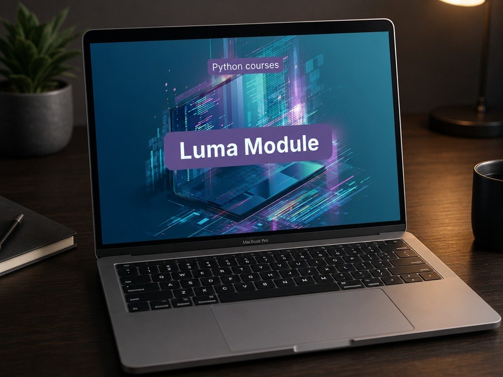 Laptop on a desk with a screen displaying 'Python courses' and 'Luma Module'.