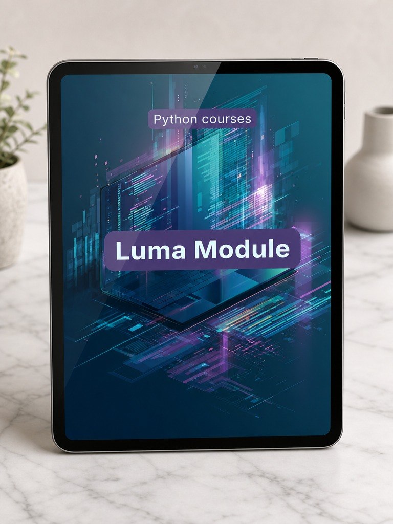 Tablet displaying a Python courses app with 'Luma Module' text on a marble surface.
