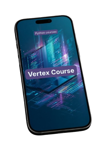 Phone displaying 'Vertex Course' on a blue screen with code background
