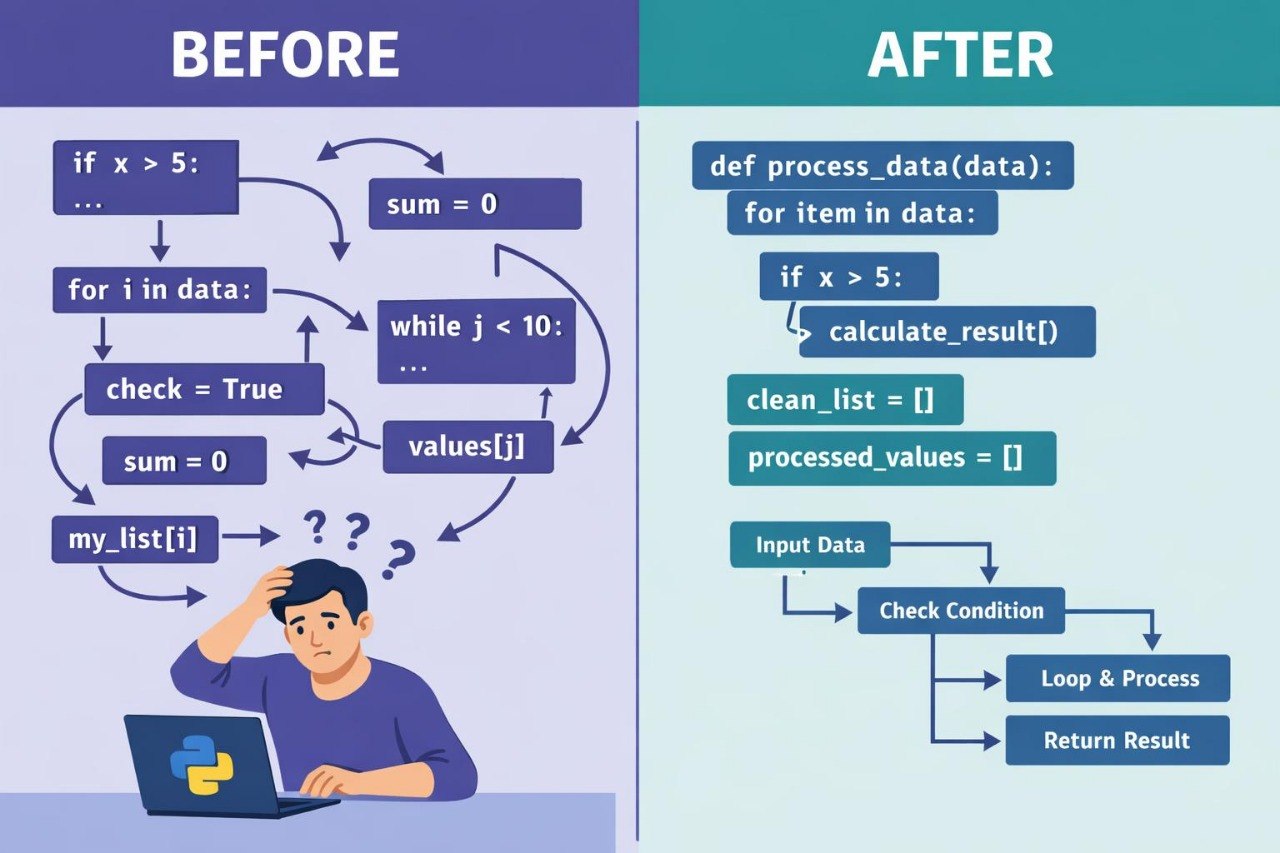 Comparison of complex code flowchart with plain text code on 'Before' and 'After' sides.