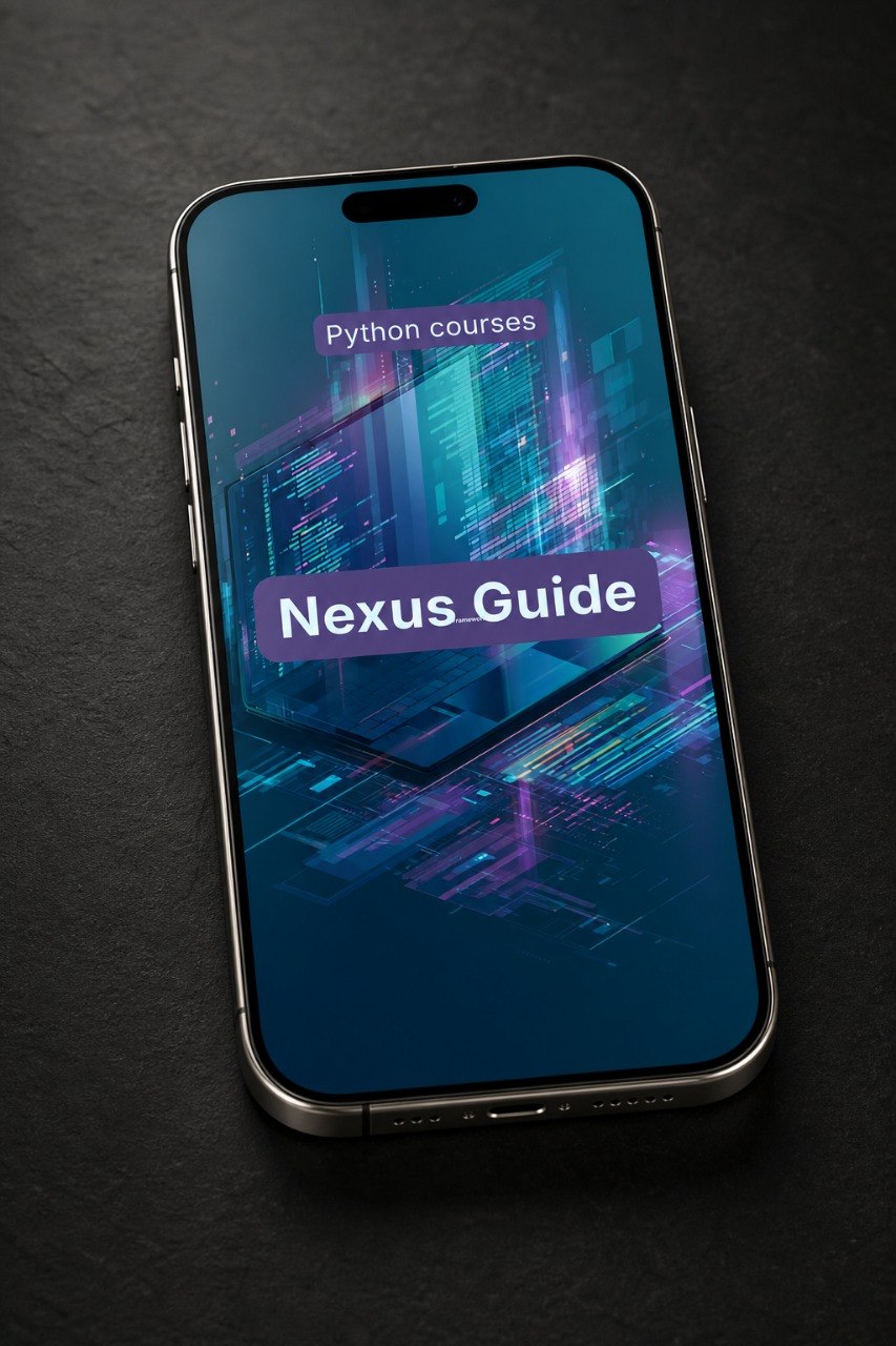 Phone displaying 'Python courses' and 'Nexus Guide' on a dark background