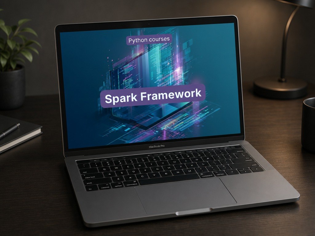 Laptop on a desk displaying a Python courses slide about Spark Framework.
