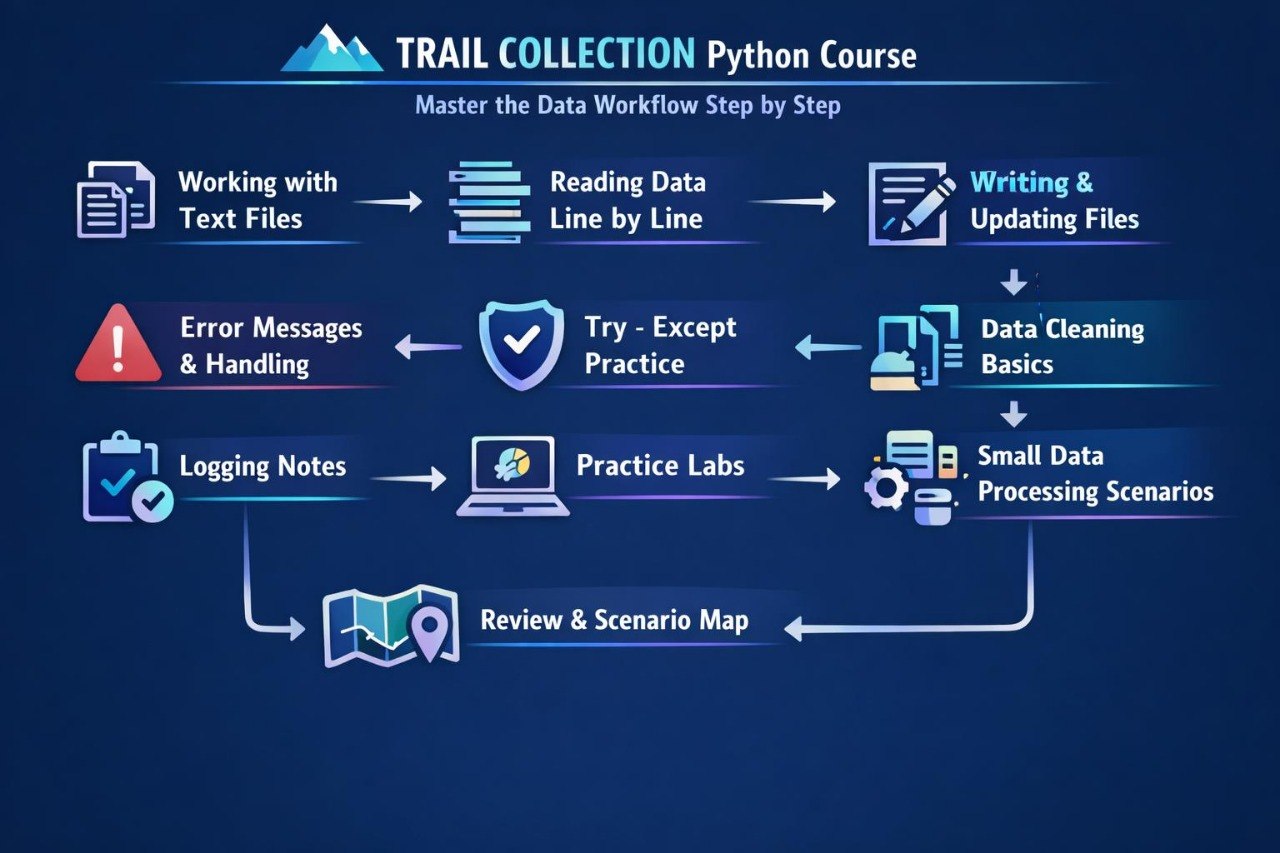 Trail Collection Python Course flowchart on a blue background