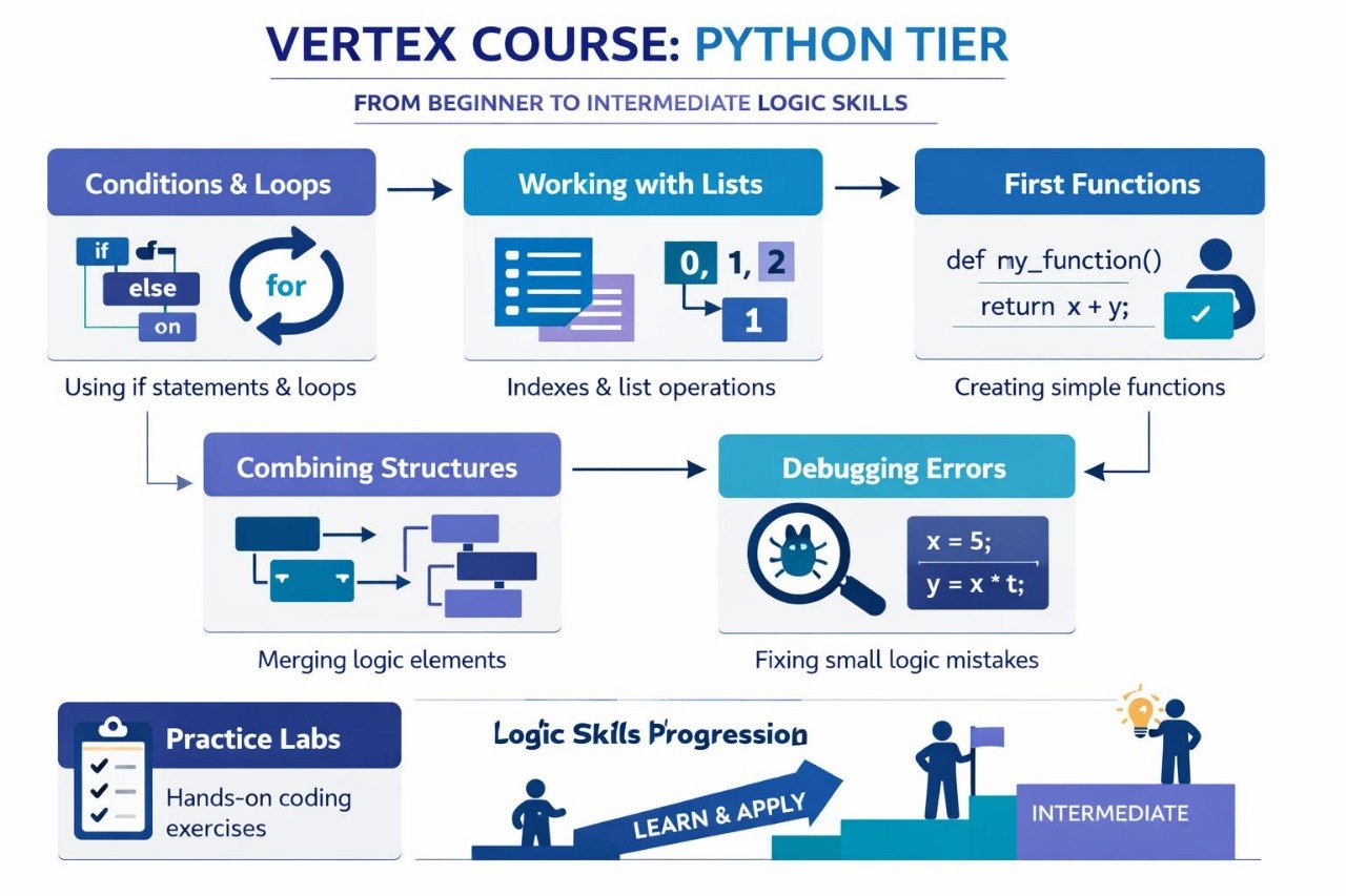 Flowchart of a Python tier course progression from beginner to intermediate logic skills.