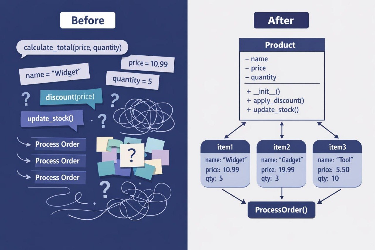 Comparison of code structure before and after refactoring on a blue and white background.